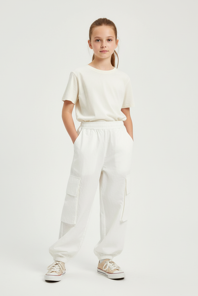 Pantalon Cargo Blanc Ample Multipoches Décontracté Enfant - Polyester