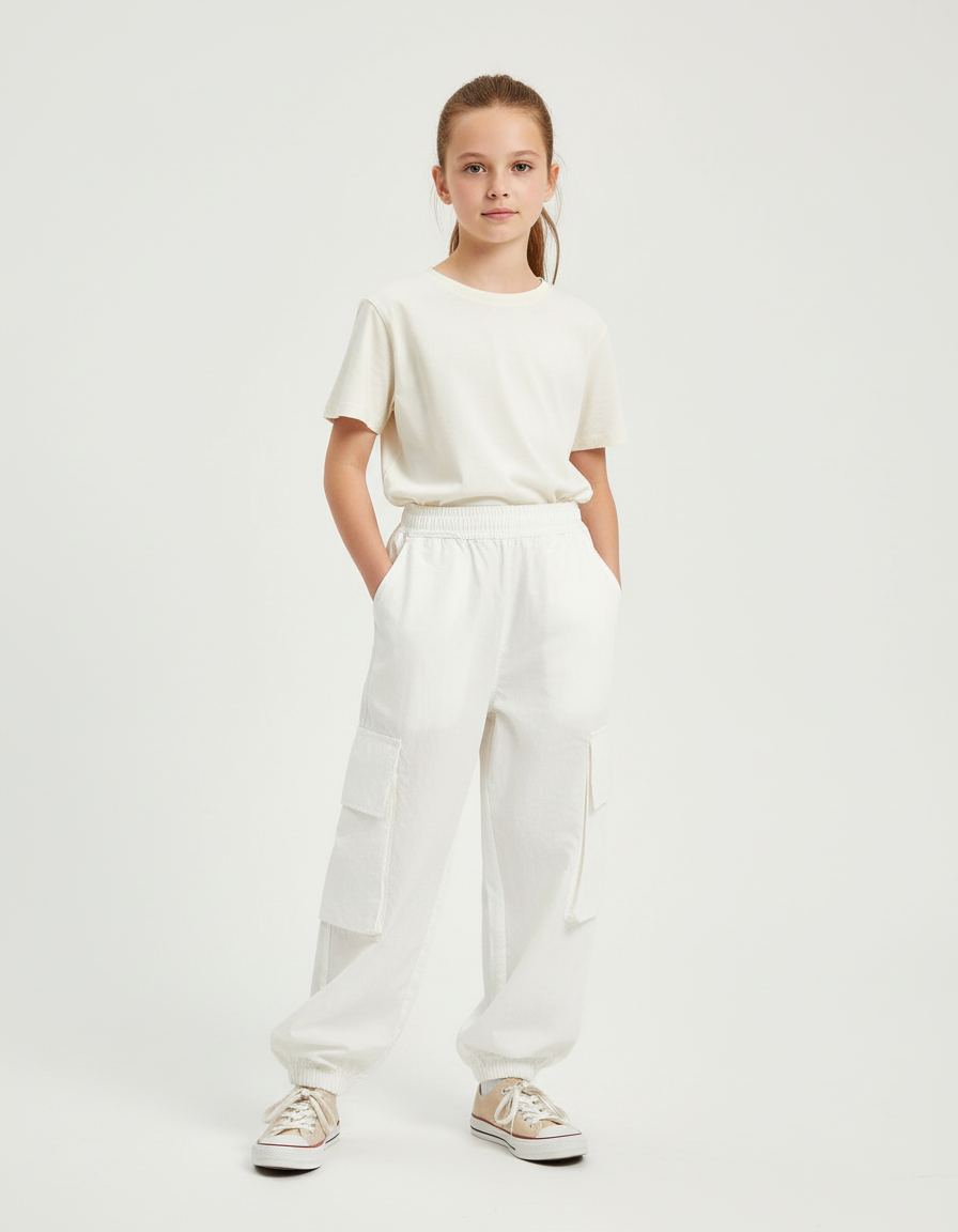 Pantalon Cargo Blanc Ample Multipoches Décontracté Enfant - Polyester
