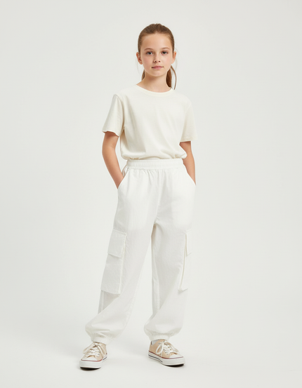 Pantalon Cargo Blanc Ample Multipoches Décontracté Enfant - Polyester