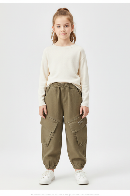 Pantalon Cargo Kaki Ample Coton Multipoches Enfant - Molleton
