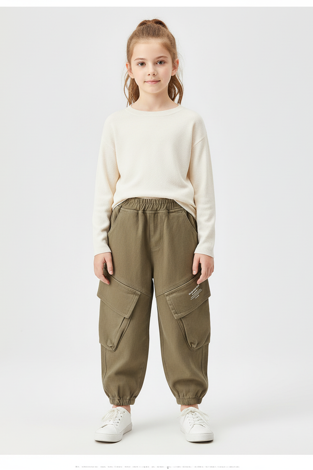 Pantalon Cargo Kaki Ample Coton Multipoches Enfant - Molleton