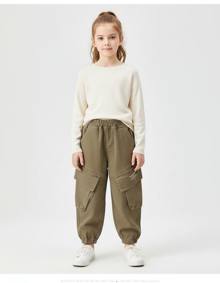 Pantalon Cargo Kaki Ample Coton Multipoches Enfant - Molleton