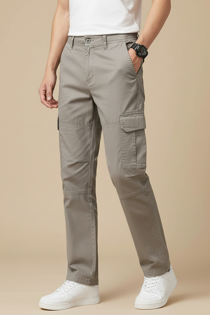 Pantalon Cargo Homme Gris Coton Droit Multipoches