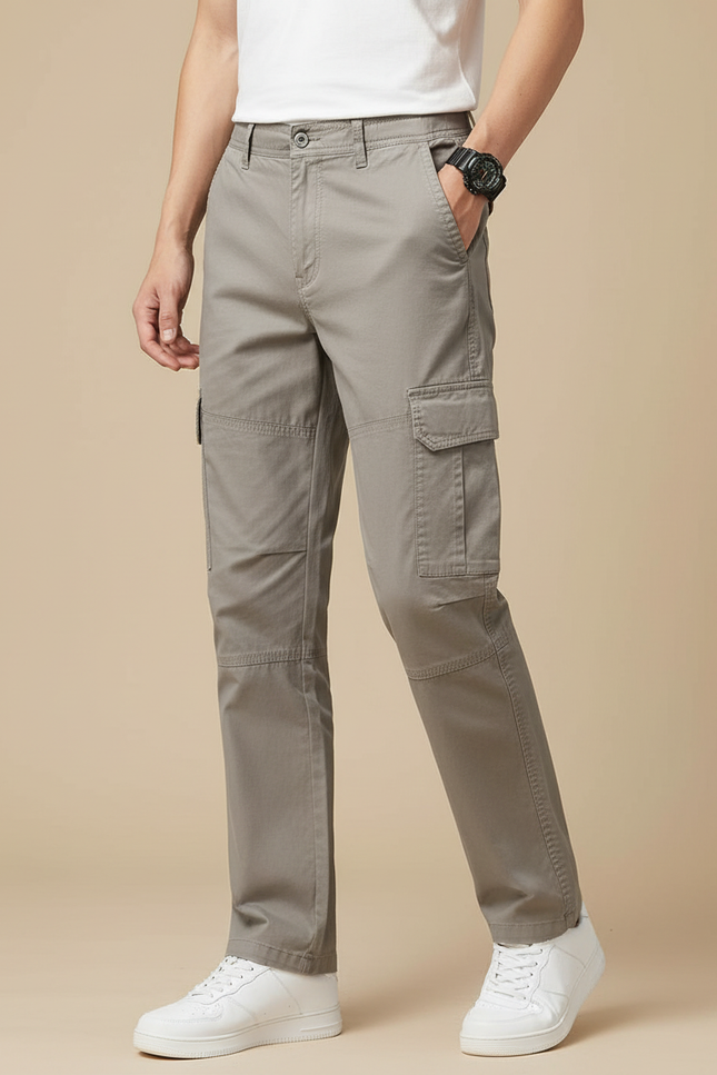 Pantalon Cargo Homme Gris Coton Droit Multipoches