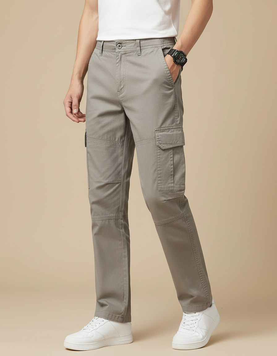 Pantalon Cargo Homme Gris Coton Droit Multipoches