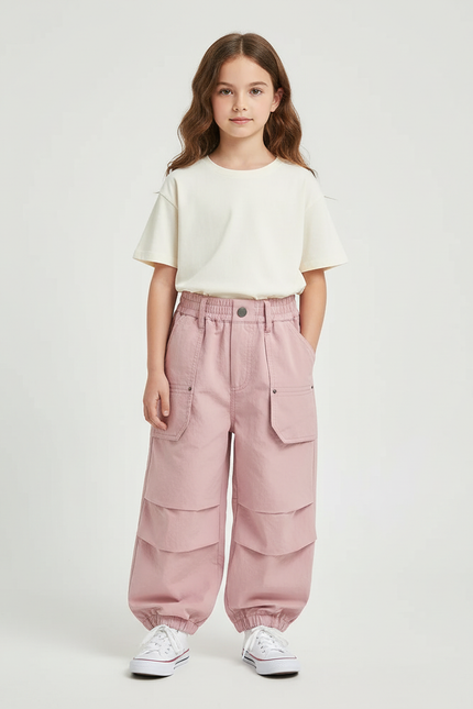 Pantalon Cargo Rose Ample Poches Enfants Coton