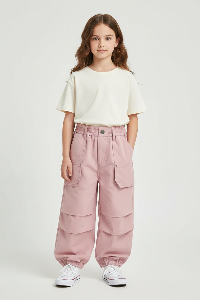 Pantalon Cargo Rose Ample Poches Enfants Coton