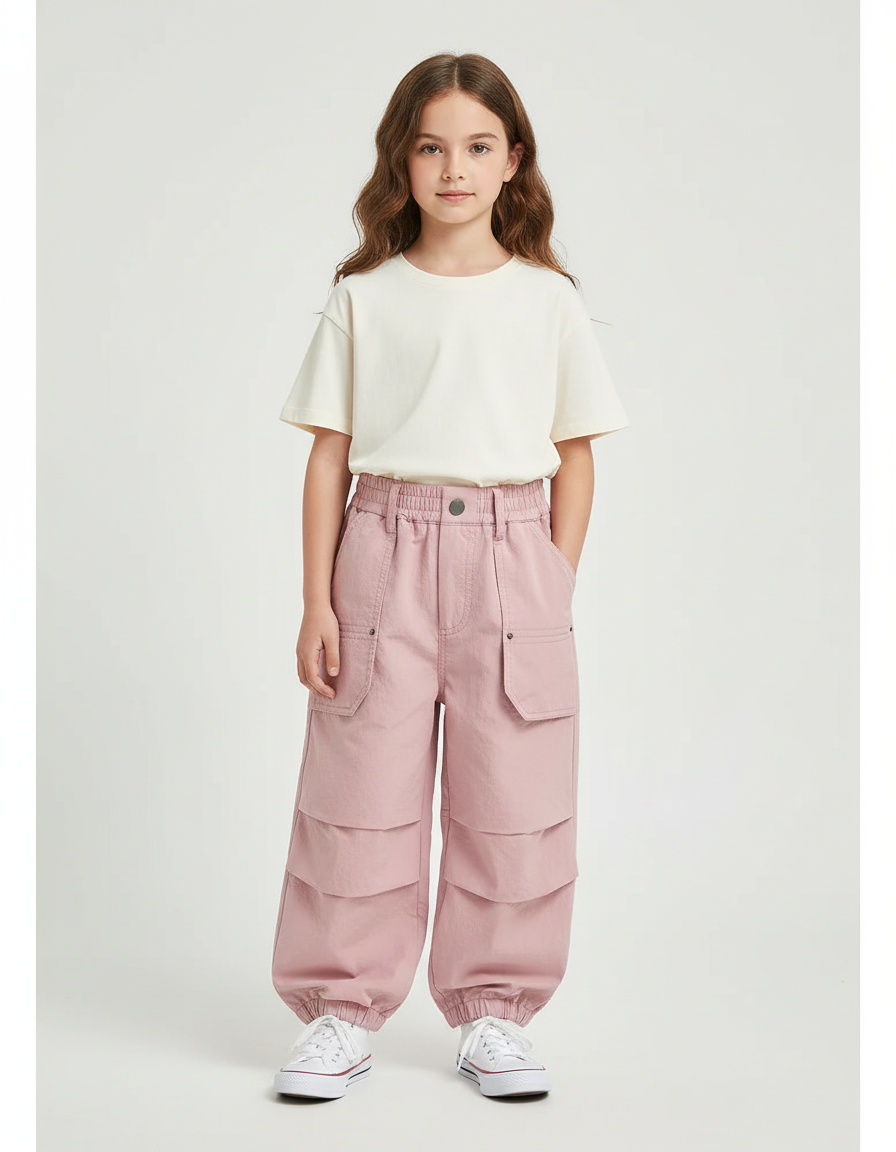 Pantalon Cargo Rose Ample Poches Enfants Coton