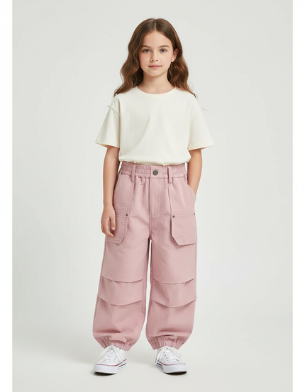 Pantalon Cargo Rose Ample Poches Enfants Coton