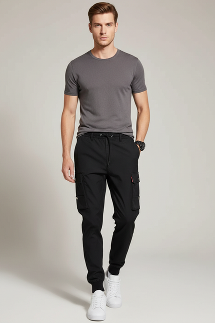 Pantalon Cargo Noir Homme Multipoches Décontracté Jogger Coton - Polyester