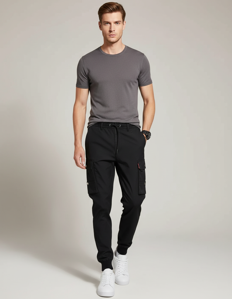 Pantalon Cargo Noir Homme Multipoches Décontracté Jogger Coton - Polyester