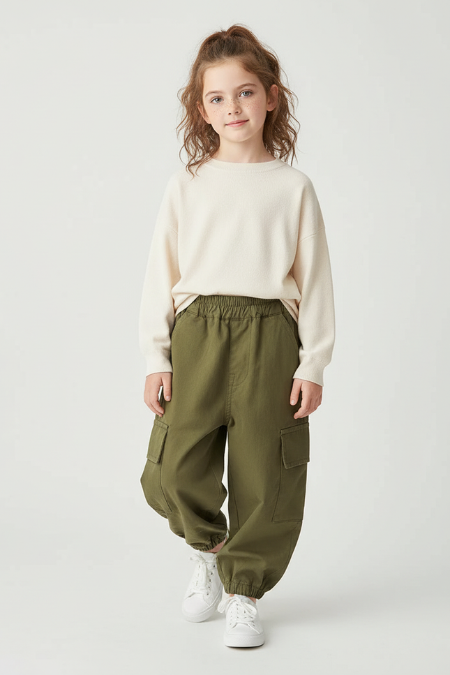 Pantalon Cargo Kaki Ample Décontracté Multipoches Fille - Toile