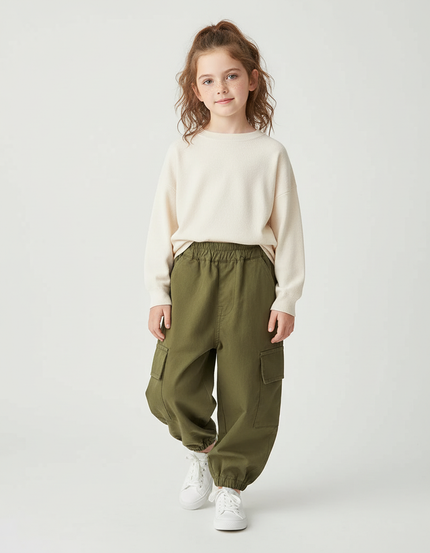 Pantalon Cargo Kaki Ample Décontracté Multipoches Fille - Toile