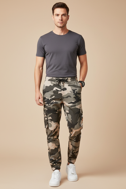 Pantalon Cargo Camouflage Coton Jogger Homme - Kaki