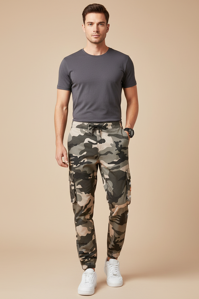 Pantalon Cargo Camouflage Coton Jogger Homme - Kaki