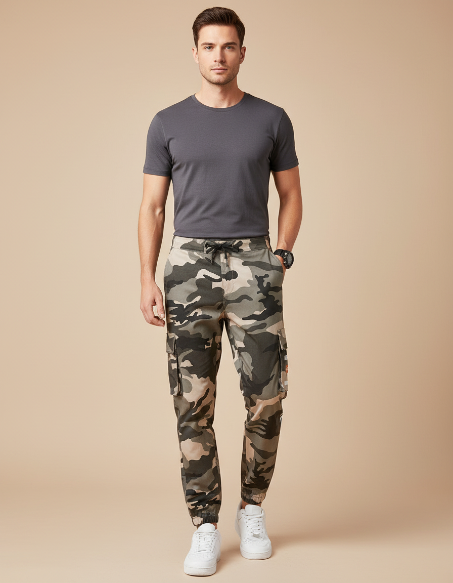 Pantalon Cargo Camouflage Coton Jogger Homme - Kaki