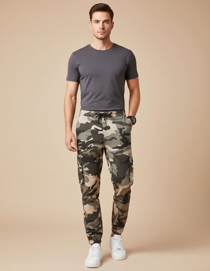 Pantalon Cargo Camouflage Coton Jogger Homme - Kaki