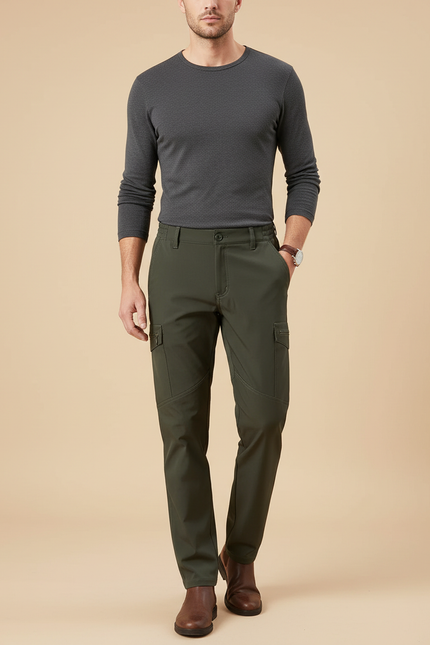 Pantalon Cargo Homme Vert Militaire Multipoches Coupe Droite - Kaki Polyester