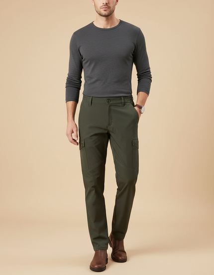 Pantalon Cargo Homme Vert Militaire Multipoches Coupe Droite - Kaki Polyester