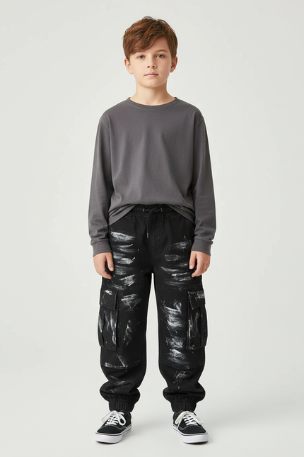 Pantalon Cargo Noir Peint Garçon Ample Multipoches - Toile