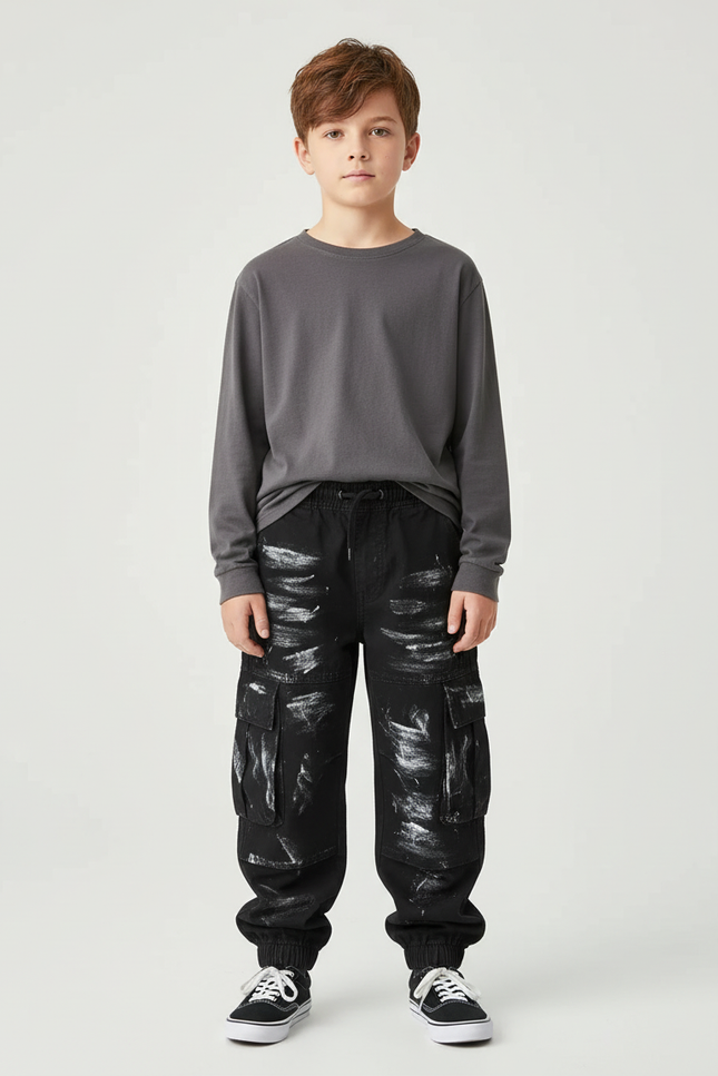 Pantalon Cargo Noir Peint Garçon Ample Multipoches - Toile