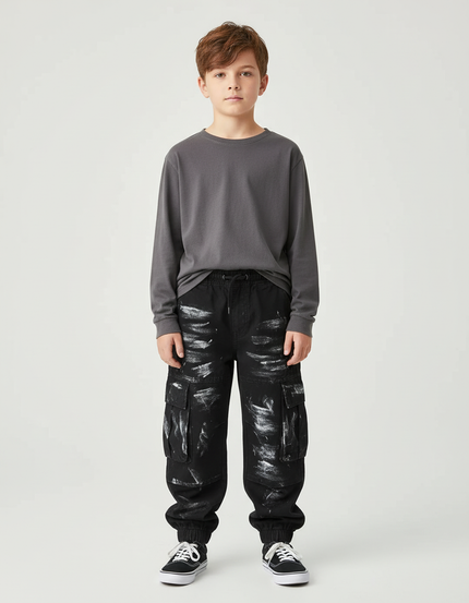 Pantalon Cargo Noir Peint Garçon Ample Multipoches - Toile