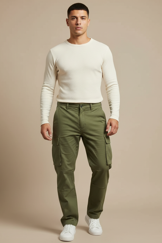 Pantalon Cargo Kaki Vert Multi-Poches Décontracté Ample - Toile