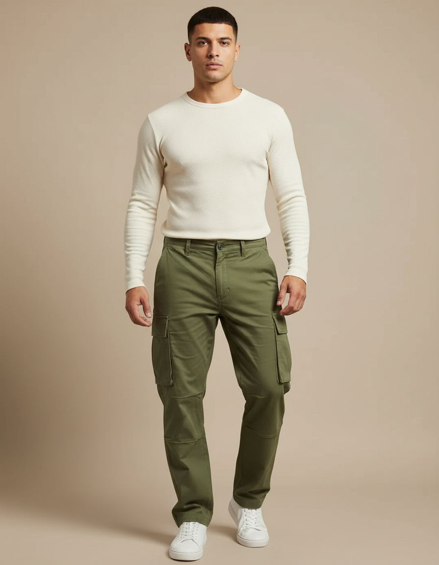 Pantalon Cargo Kaki Vert Multi-Poches Décontracté Ample - Toile