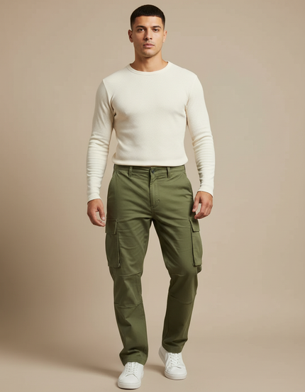 Pantalon Cargo Kaki Vert Multi-Poches Décontracté Ample - Toile