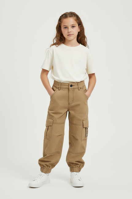 Pantalon Cargo Beige Ample Coton Multipoches Enfant - Toile