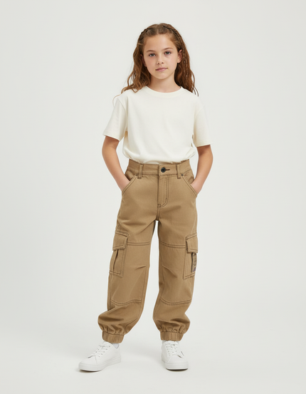 Pantalon Cargo Beige Ample Coton Multipoches Enfant - Toile