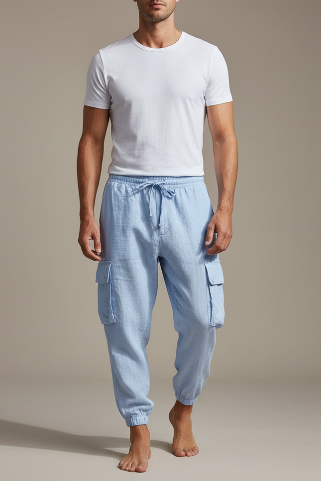 Pantalon Cargo Bleu Ciel Lin Coton Ample Homme