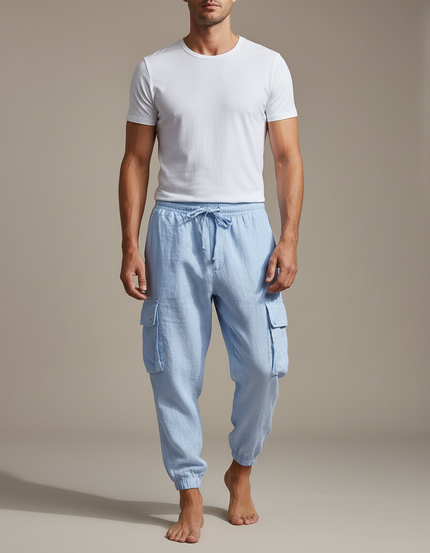 Pantalon Cargo Bleu Ciel Lin Coton Ample Homme