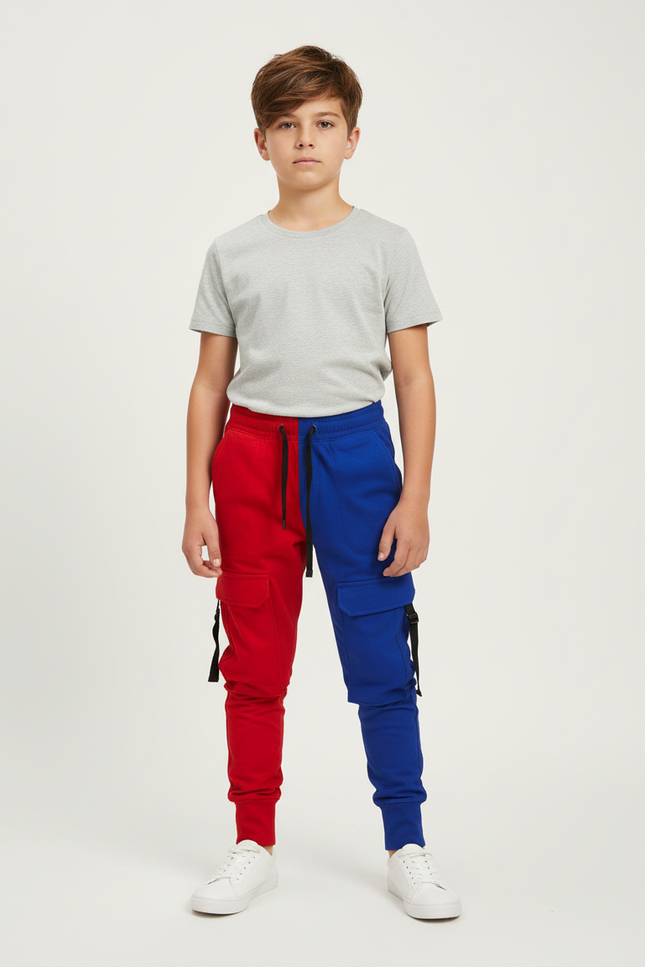 Pantalon Cargo Bicolore Rouge Bleu Multipoches Enfant - Multicolore Molleton