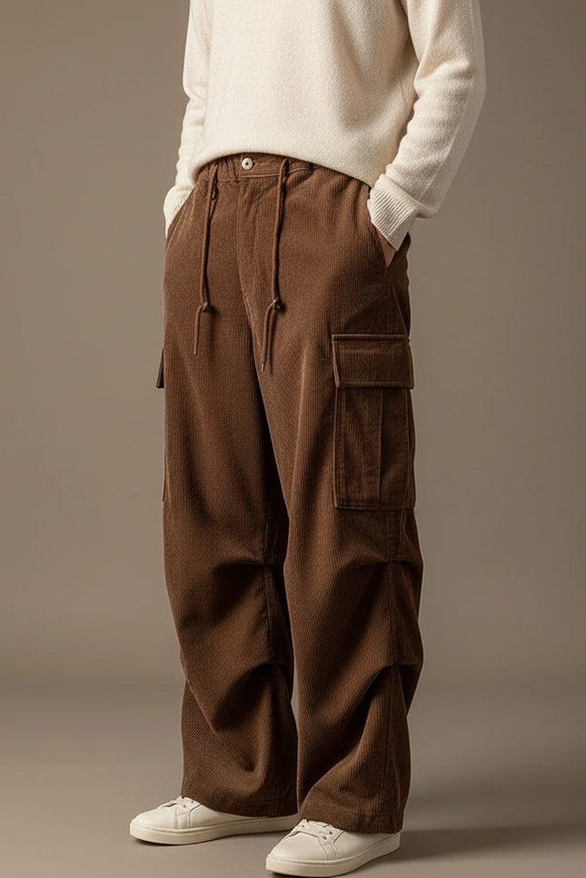 Pantalon Cargo Marron Velours Côtelé Ample Cordon - Cordé