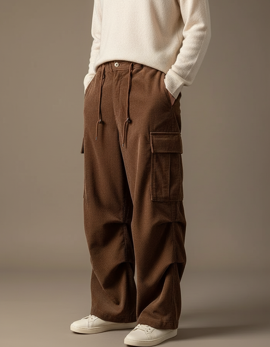 Pantalon Cargo Marron Velours Côtelé Ample Cordon - Cordé