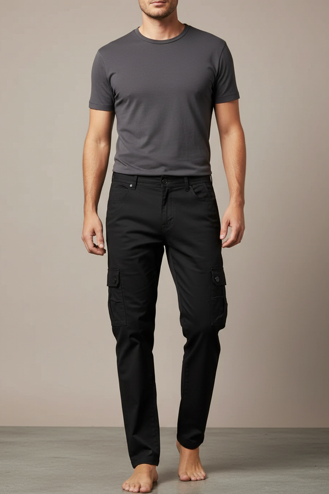 Pantalon Cargo Homme Noir Coton Slim Multipoches - Toile