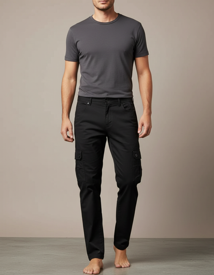 Pantalon Cargo Homme Noir Coton Slim Multipoches - Toile