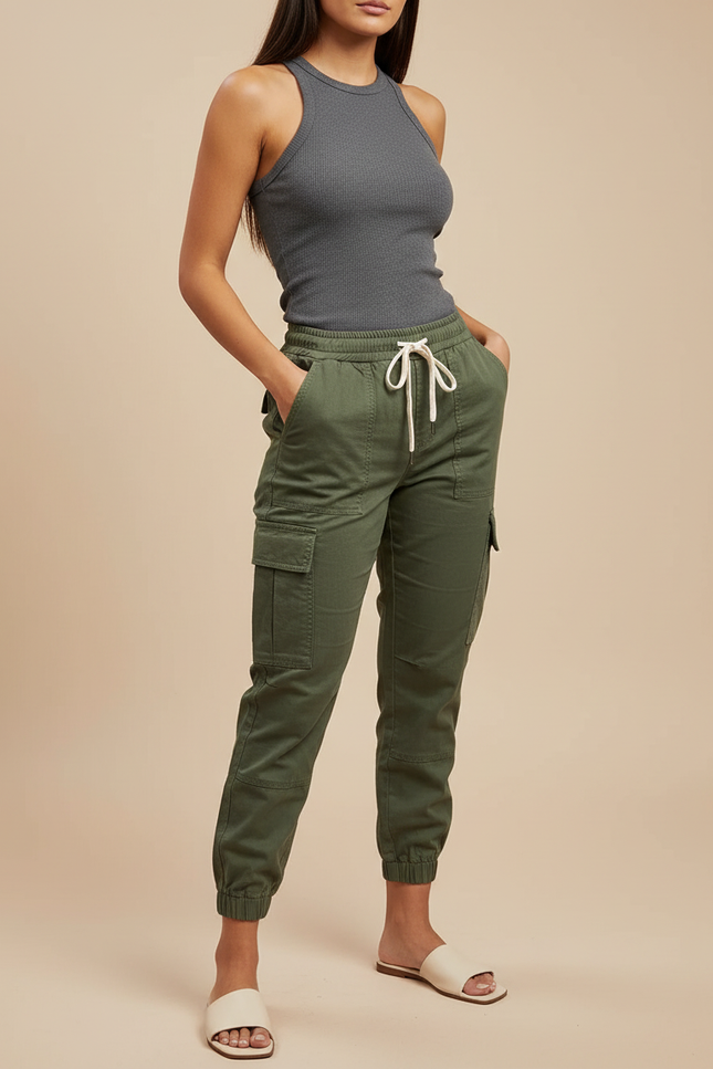 Pantalon Cargo Kaki Coton Ample Décontracté Femme - Toile