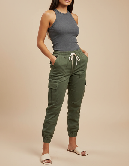 Pantalon Cargo Kaki Coton Ample Décontracté Femme - Toile