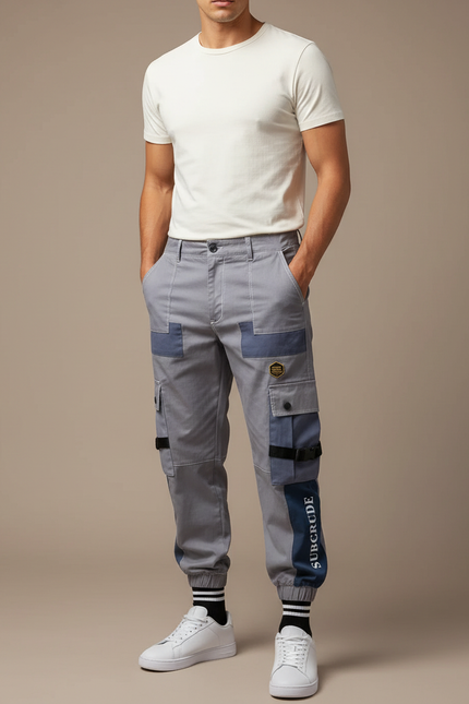 Pantalon Cargo Gris Patchwork Streetwear Jogger Homme - Coton