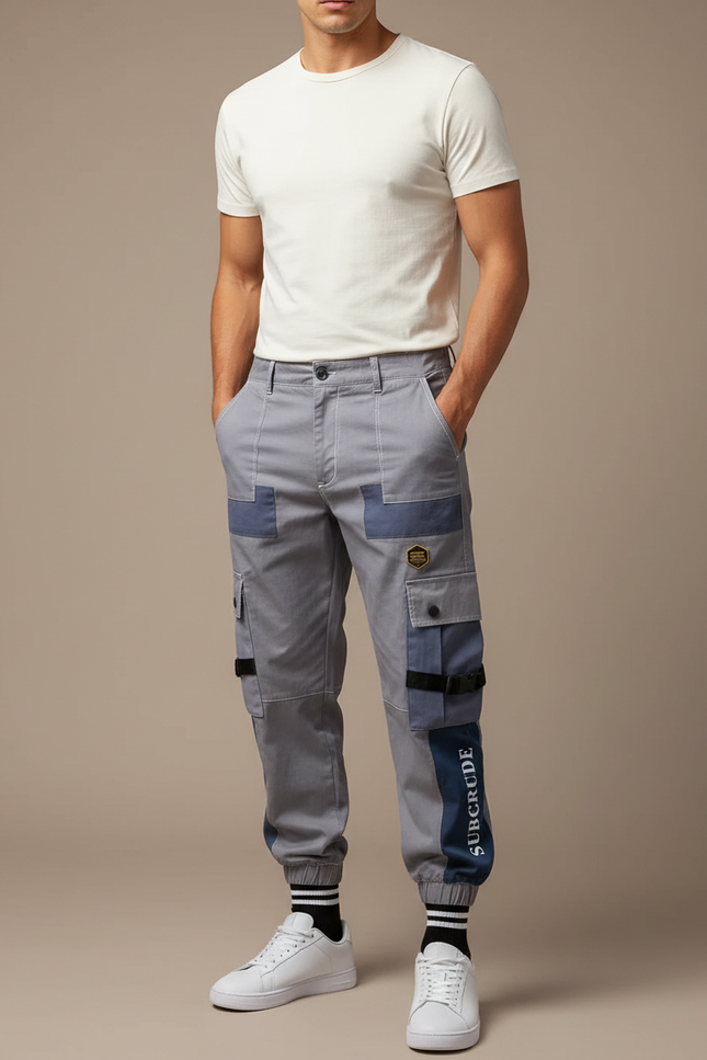 Pantalon Cargo Gris Patchwork Streetwear Jogger Homme - Coton