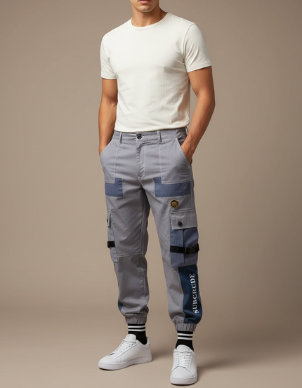 Pantalon Cargo Gris Patchwork Streetwear Jogger Homme - Coton