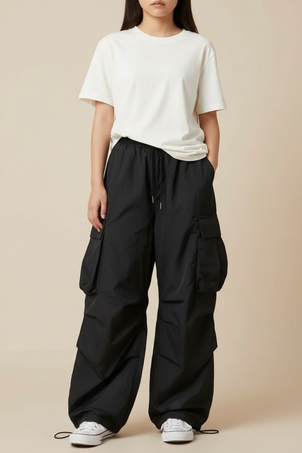 Pantalon Cargo Noir Ample Fluide Multi-Poches - Polyester