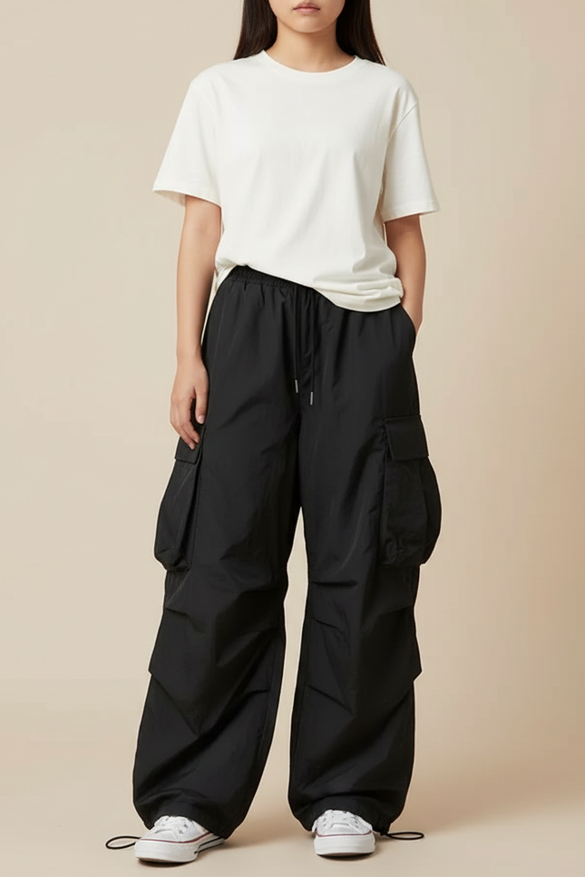 Pantalon Cargo Noir Ample Fluide Multi-Poches - Polyester