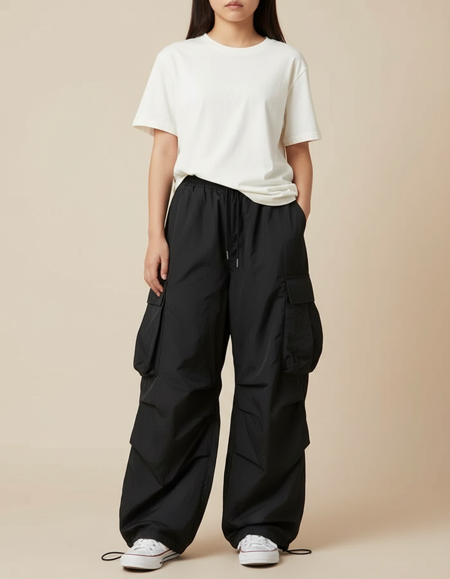 Pantalon Cargo Noir Ample Fluide Multi-Poches - Polyester