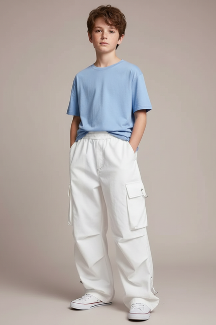 Pantalon Cargo Blanc Ample Multipoches Enfant Streetwear - Toile