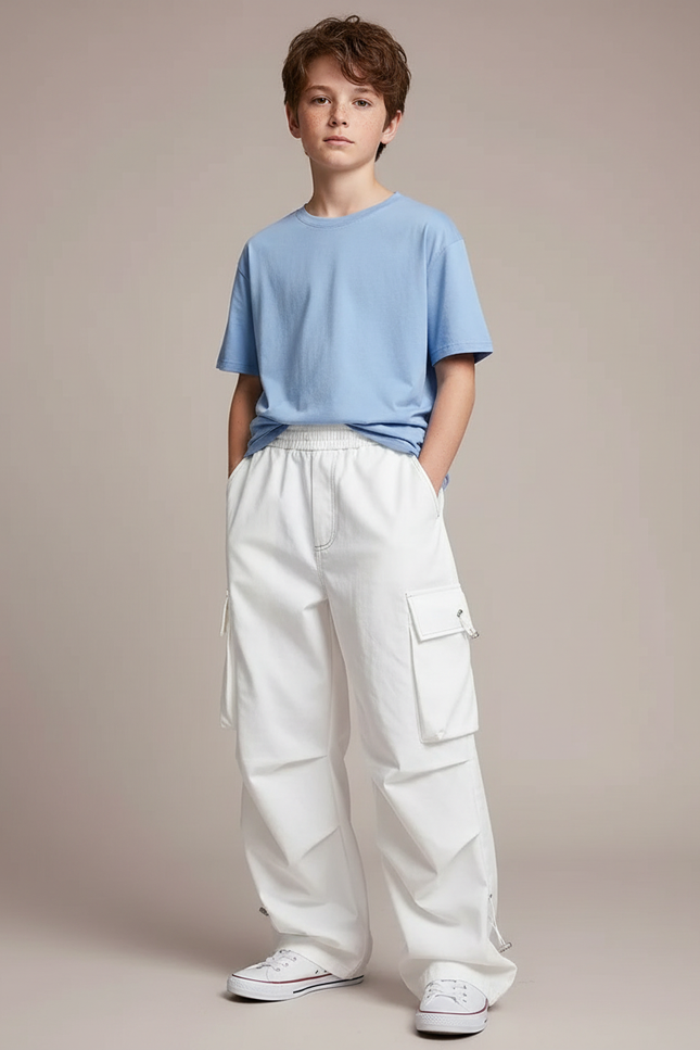 Pantalon Cargo Blanc Ample Multipoches Enfant Streetwear - Toile