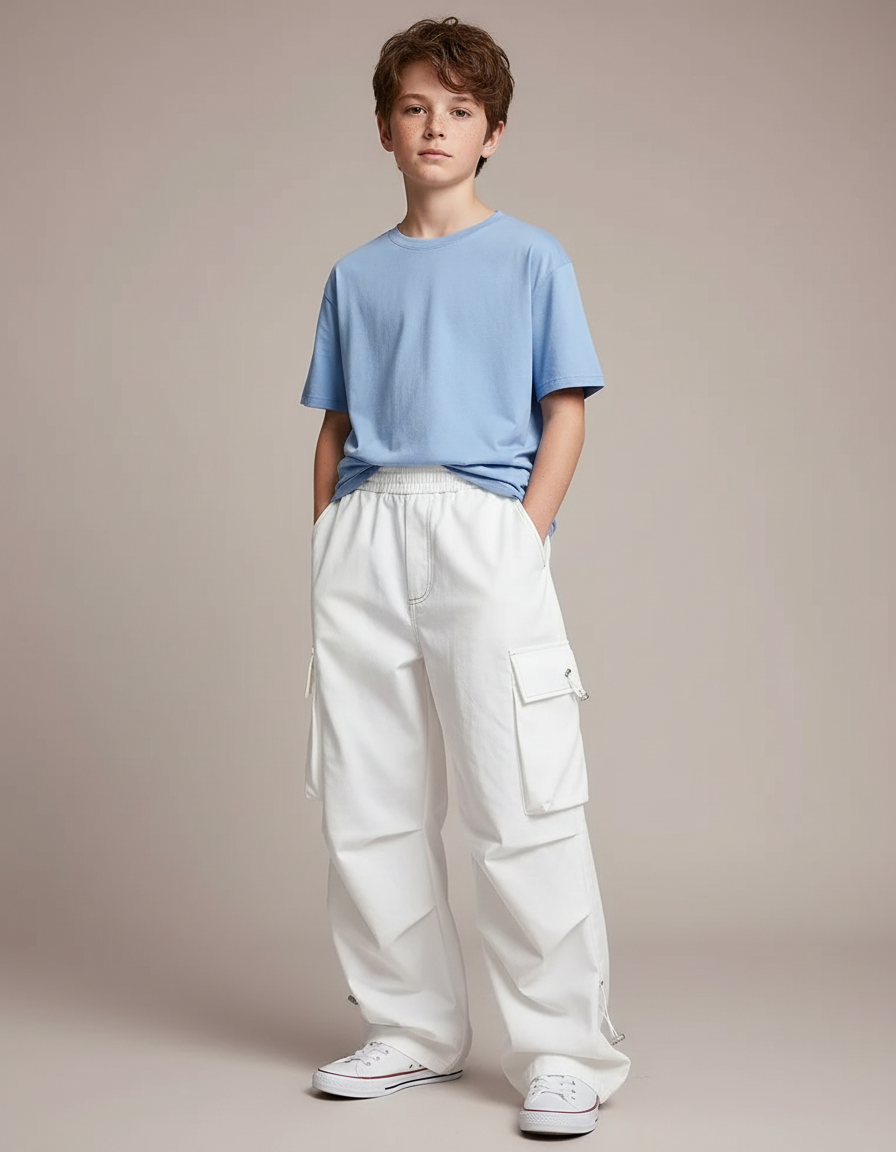 Pantalon Cargo Blanc Ample Multipoches Enfant Streetwear - Toile