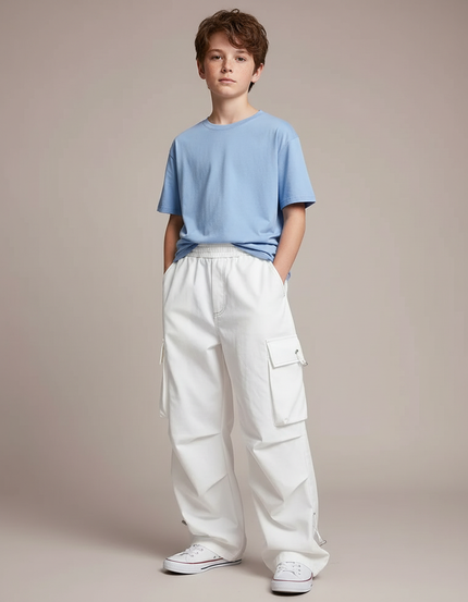 Pantalon Cargo Blanc Ample Multipoches Enfant Streetwear - Toile